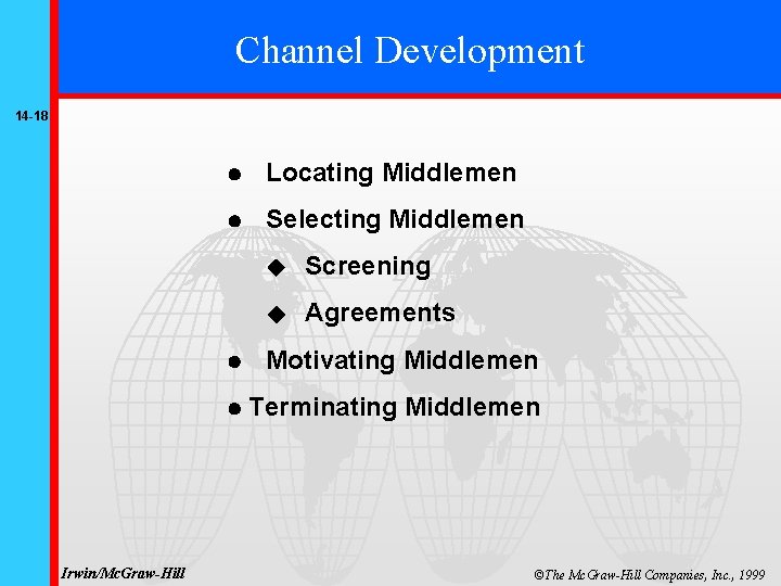 Channel Development 14 -18 Irwin/Mc. Graw-Hill Locating Middlemen Selecting Middlemen Screening Agreements Motivating Middlemen