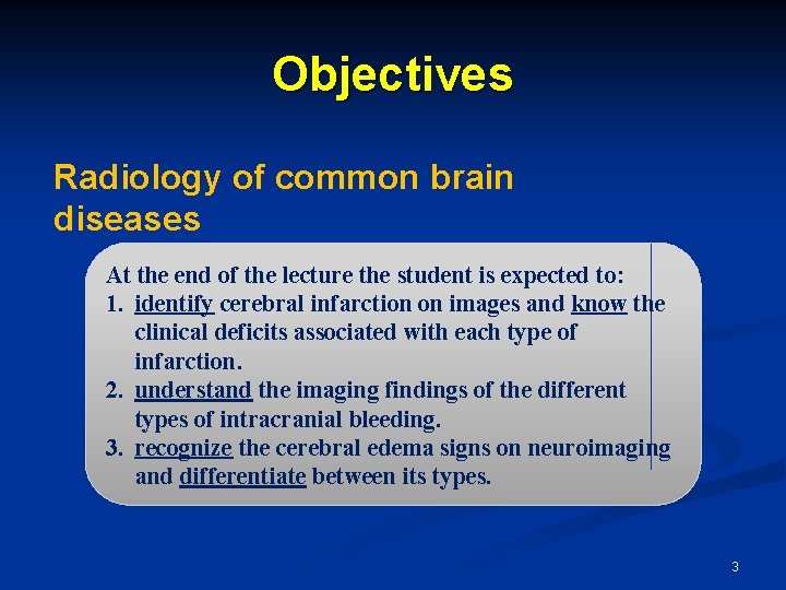 Objectives Radiology of common brain diseases At the end of the lecture the student