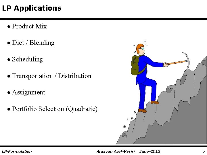 LP Formulation LP Applications Product Mix Diet Blending