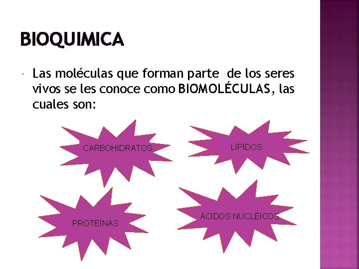 BIOQUIMICA Las moléculas que forman parte de los seres vivos se les conoce como