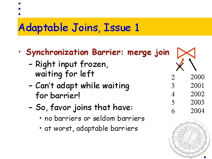 Adaptable Joins, Issue 1 • Synchronization Barrier: merge join – Right input frozen, waiting