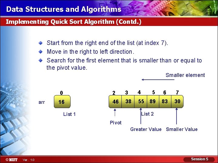 Data Structures and Algorithms Implementing Quick Sort Algorithm (Contd. ) Start from the right