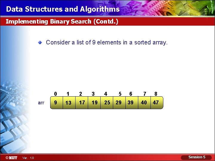 Data Structures and Algorithms Implementing Binary Search (Contd. ) Consider a list of 9