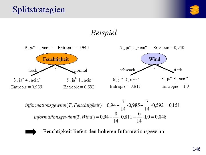 Splitstrategien Beispiel 9 „ja“ 5 „nein“ Entropie = 0, 940 9 „ja“ 5 „nein“