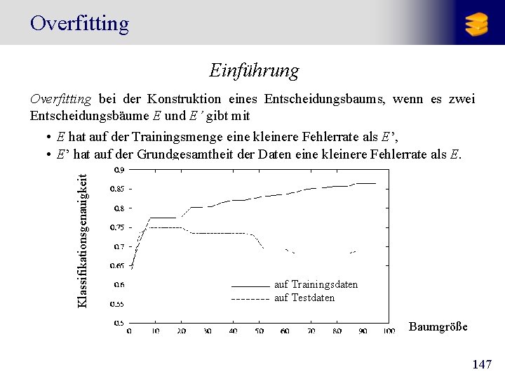 Overfitting Einführung Klassifikationsgenauigkeit Overfitting bei der Konstruktion eines Entscheidungsbaums, wenn es zwei Entscheidungsbäume E
