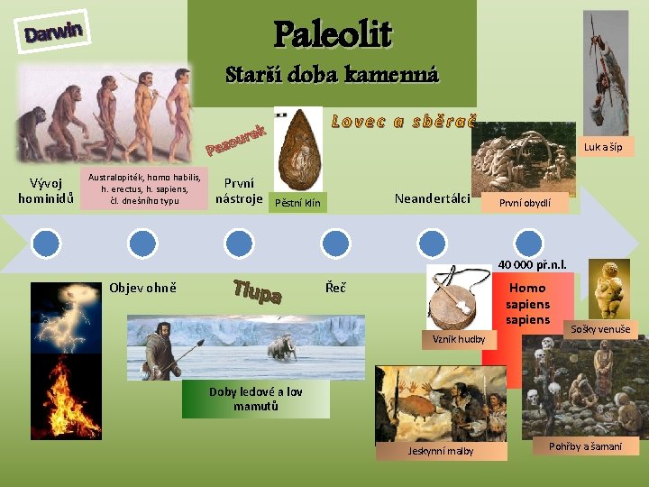 Paleolit Darwin Starší doba kamenná Lovec a sběrač rek u o Paz Vývoj hominidů