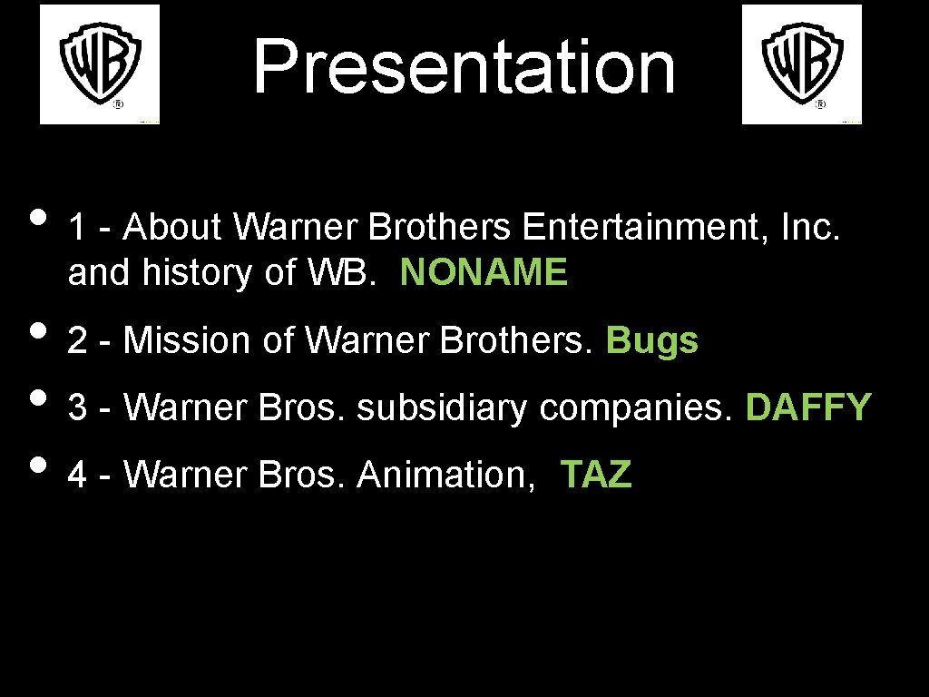 Presentation • 1 - About Warner Brothers Entertainment, Inc. and history of WB. NONAME