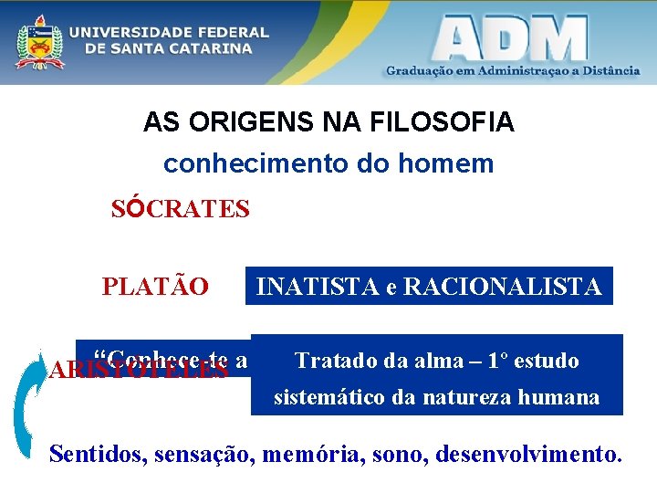 AS ORIGENS NA FILOSOFIA conhecimento do homem SÓCRATES PLATÃO INATISTA e RACIONALISTA Tratado “Conhece-te