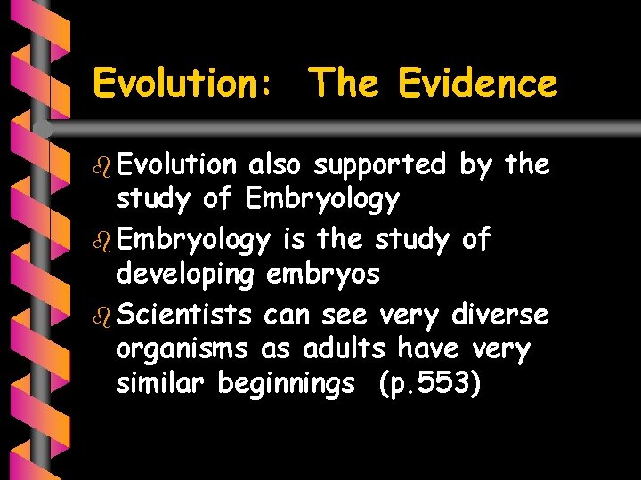 Evolution: The Evidence b Evolution also supported by the study of Embryology b Embryology