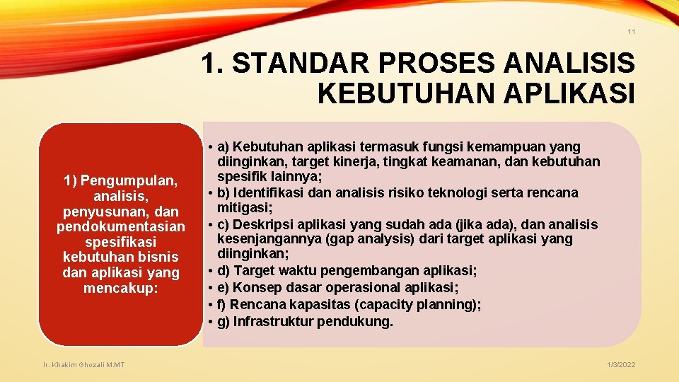 11 1. STANDAR PROSES ANALISIS KEBUTUHAN APLIKASI 1) Pengumpulan, analisis, penyusunan, dan pendokumentasian spesifikasi 11 1. STANDAR PROSES ANALISIS KEBUTUHAN APLIKASI 1) Pengumpulan, analisis, penyusunan, dan pendokumentasian spesifikasi