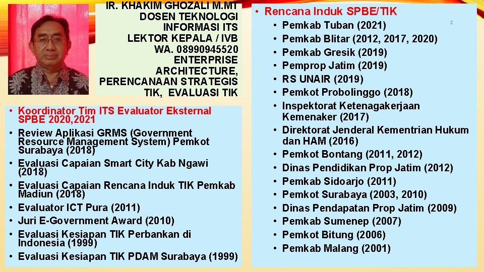 IR. KHAKIM GHOZALI M. MT DOSEN TEKNOLOGI INFORMASI ITS LEKTOR KEPALA / IVB WA. IR. KHAKIM GHOZALI M. MT DOSEN TEKNOLOGI INFORMASI ITS LEKTOR KEPALA / IVB WA.