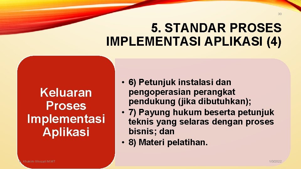 30 5. STANDAR PROSES IMPLEMENTASI APLIKASI (4) Keluaran Proses Implementasi Aplikasi Ir. Khakim Ghozali 30 5. STANDAR PROSES IMPLEMENTASI APLIKASI (4) Keluaran Proses Implementasi Aplikasi Ir. Khakim Ghozali