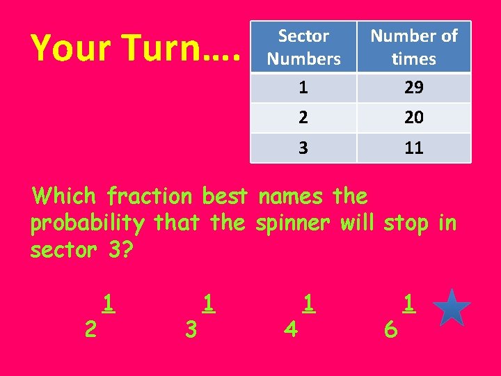 Your Turn…. Sector Numbers 1 Number of times 29 2 20 3 11 Which