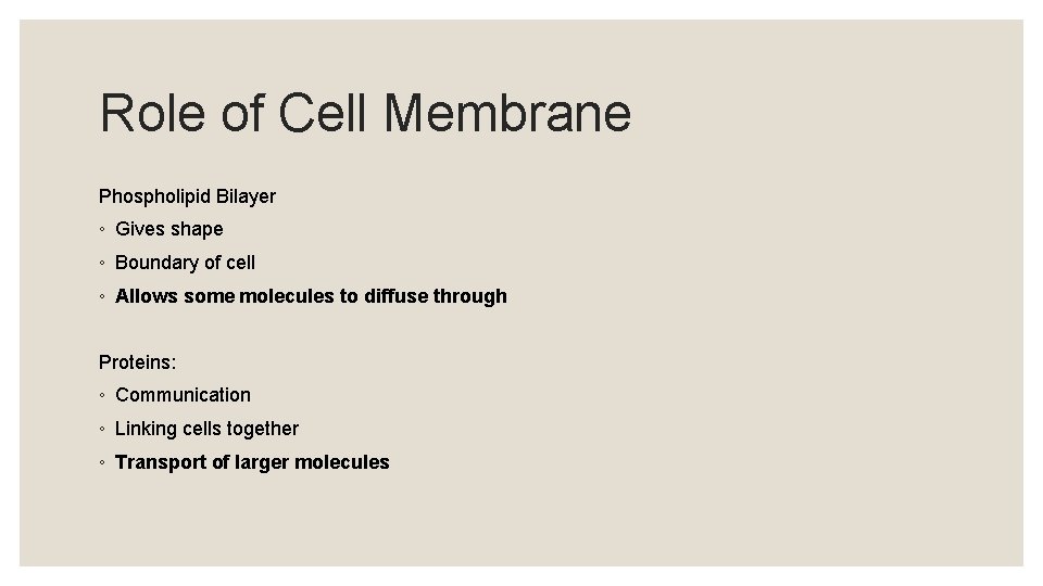 Role of Cell Membrane Phospholipid Bilayer ◦ Gives shape ◦ Boundary of cell ◦