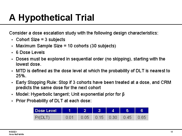 A Hypothetical Trial Consider a dose escalation study with the following design characteristics: •
