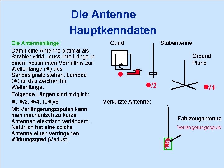 Die Antenne Hauptkenndaten Die Antennenlänge: Damit eine Antenne optimal als Strahler wirkt, muss ihre