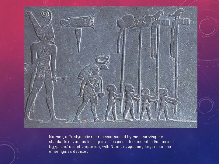 Narmer, a Predynastic ruler, accompanied by men carrying the standards of various local gods.