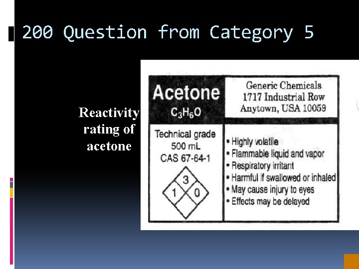 200 Question from Category 5 Reactivity rating of acetone 