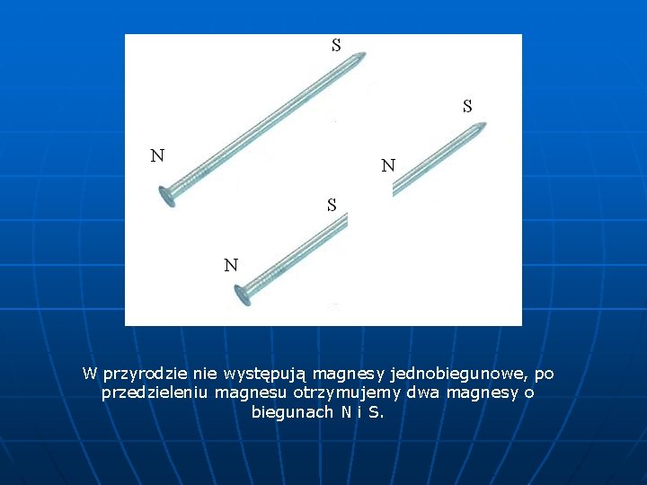 W przyrodzie nie występują magnesy jednobiegunowe, po przedzieleniu magnesu otrzymujemy dwa magnesy o biegunach