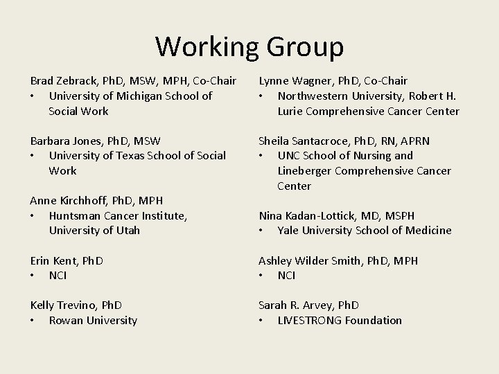 Working Group Brad Zebrack, Ph. D, MSW, MPH, Co-Chair • University of Michigan School