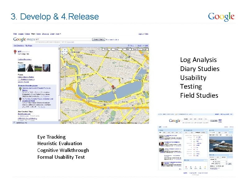 3. Develop & 4. Release Log Analysis Diary Studies Usability Testing Field Studies Eye