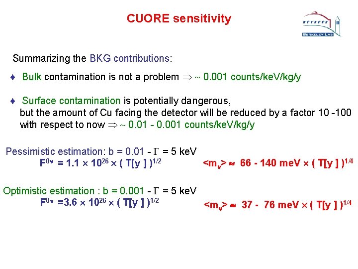 CUORE sensitivity Summarizing the BKG contributions: ¨ Bulk contamination is not a problem 0.