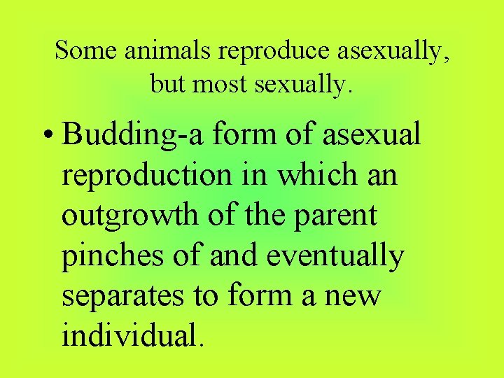 Some animals reproduce asexually, but most sexually. • Budding-a form of asexual reproduction in