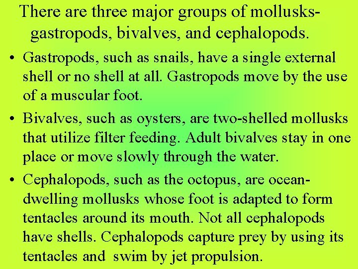 There are three major groups of mollusksgastropods, bivalves, and cephalopods. • Gastropods, such as