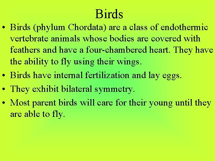 Birds • Birds (phylum Chordata) are a class of endothermic vertebrate animals whose bodies
