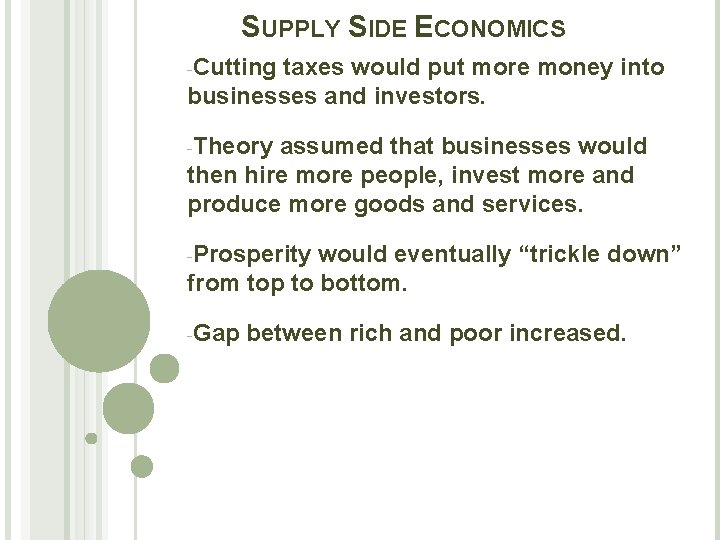 SUPPLY SIDE ECONOMICS -Cutting taxes would put more money into businesses and investors. -Theory