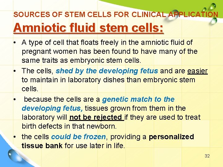 SOURCES OF STEM CELLS FOR CLINICAL APPLICATION Amniotic fluid stem cells: • A type