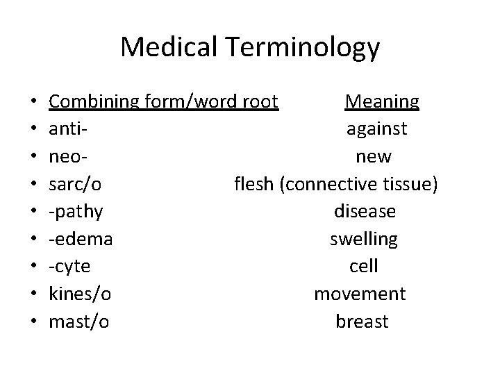 Medical Terminology • • • Combining form/word root Meaning antiagainst neonew sarc/o flesh (connective