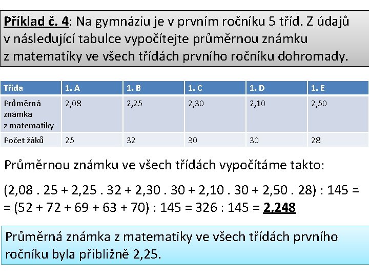 Příklad č. 4: Na gymnáziu je v prvním ročníku 5 tříd. Z údajů v