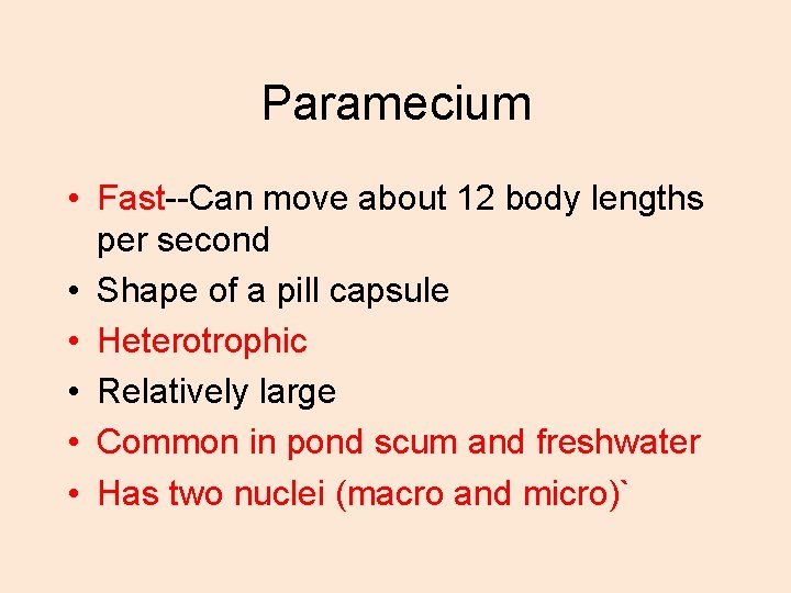 Paramecium • Fast--Can move about 12 body lengths per second • Shape of a