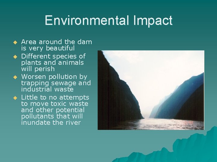 Environmental Impact u u Area around the dam is very beautiful Different species of