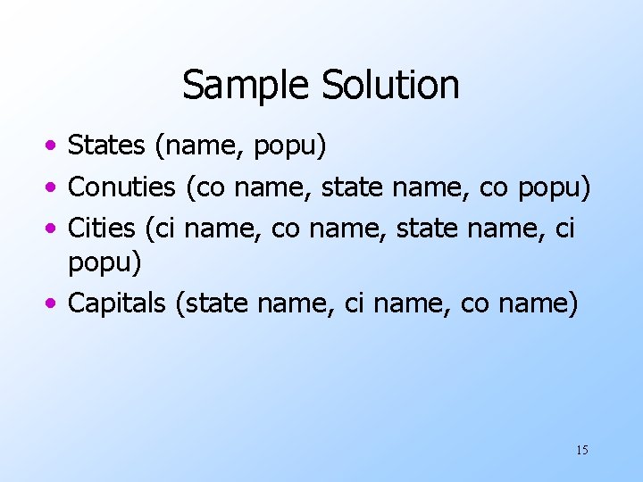 Sample Solution • States (name, popu) • Conuties (co name, state name, co popu)