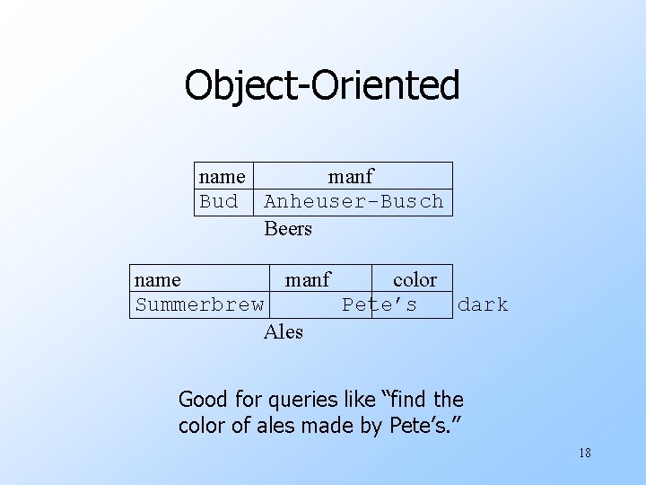 Object-Oriented name manf Bud Anheuser-Busch Beers name Summerbrew manf color Pete’s dark Ales Good