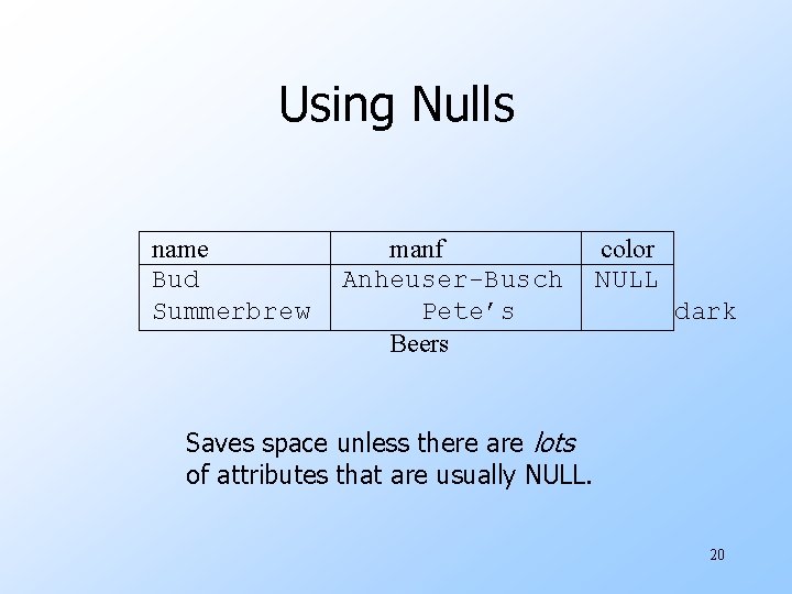 Using Nulls name Bud Summerbrew manf Anheuser-Busch Pete’s Beers color NULL dark Saves space