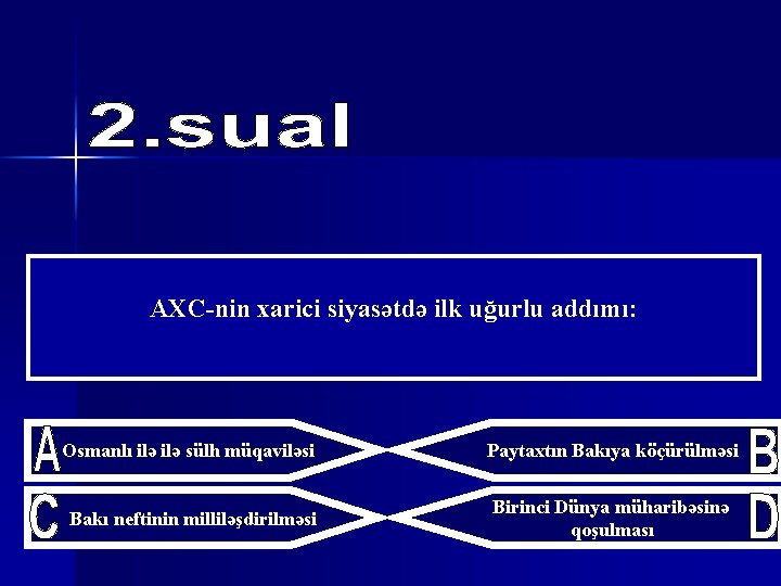 AXC-nin xarici siyasətdə ilk uğurlu addımı: Osmanlı ilə sülh müqaviləsi Paytaxtın Bakıya köçürülməsi Bakı