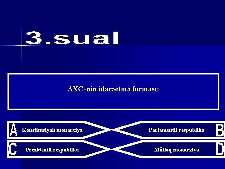 AXC-nin idarəetmə forması: Konstitusiyalı monarxiya Parlamentli respublika Prezidentli respublika Mütləq monarxiya 