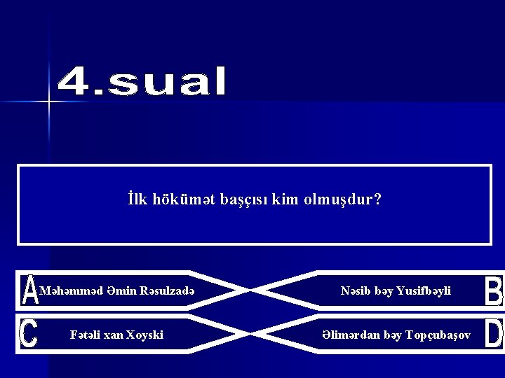 İlk hökümət başçısı kim olmuşdur? Məhəmməd Əmin Rəsulzadə Nəsib bəy Yusifbəyli Fətəli xan Xoyski