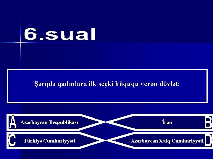 Şərqdə qadınlara ilk seçki hüququ verən dövlət: Azərbaycan Respublikası İran Türkiyə Cumhuriyyəti Azərbaycan Xalq