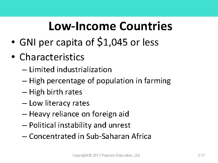 Low-Income Countries • GNI per capita of $1, 045 or less • Characteristics –