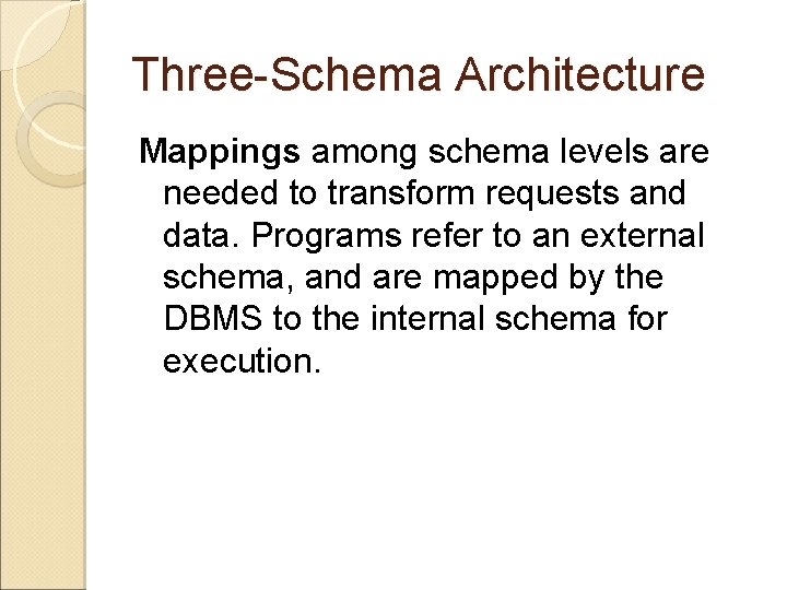 Three-Schema Architecture Mappings among schema levels are needed to transform requests and data. Programs