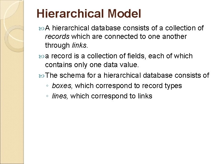 Hierarchical Model A hierarchical database consists of a collection of records which are connected