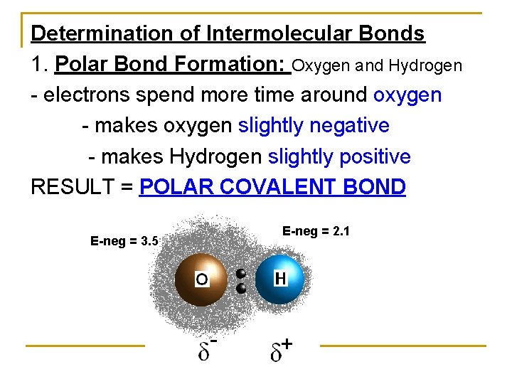 Determination of Intermolecular Bonds 1. Polar Bond Formation: Oxygen and Hydrogen - electrons spend Determination of Intermolecular Bonds 1. Polar Bond Formation: Oxygen and Hydrogen - electrons spend