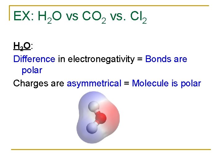 EX: H 2 O vs CO 2 vs. Cl 2 H 2 O: Difference EX: H 2 O vs CO 2 vs. Cl 2 H 2 O: Difference