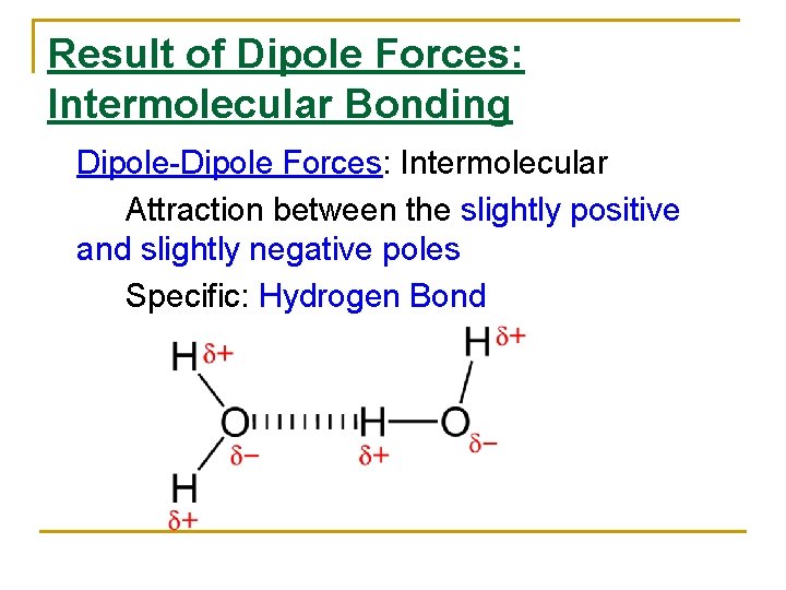 Result of Dipole Forces: Intermolecular Bonding Dipole-Dipole Forces: Intermolecular Attraction between the slightly positive Result of Dipole Forces: Intermolecular Bonding Dipole-Dipole Forces: Intermolecular Attraction between the slightly positive