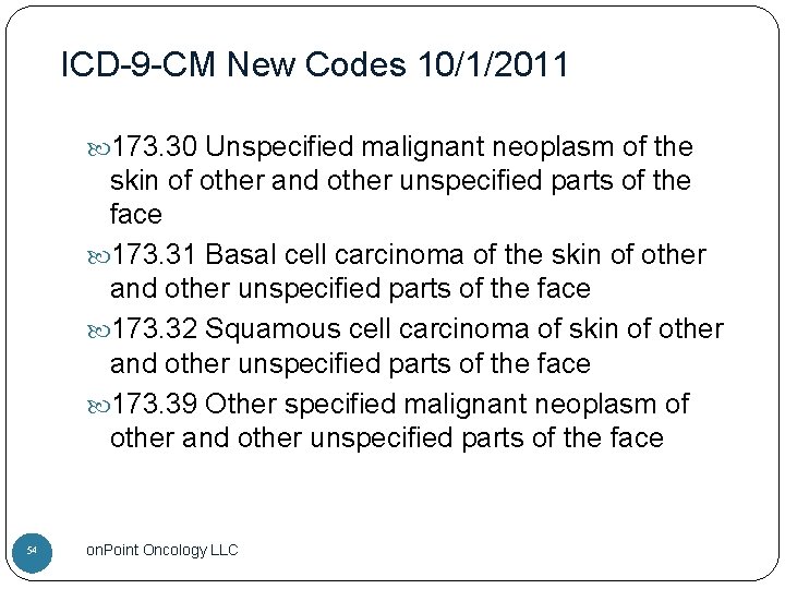 ICD-9 -CM New Codes 10/1/2011 173. 30 Unspecified malignant neoplasm of the skin of