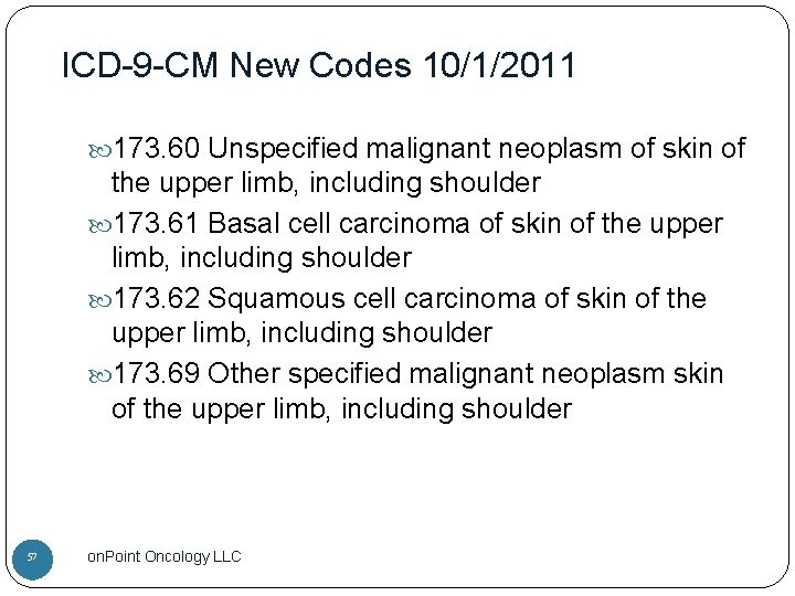 ICD-9 -CM New Codes 10/1/2011 173. 60 Unspecified malignant neoplasm of skin of the